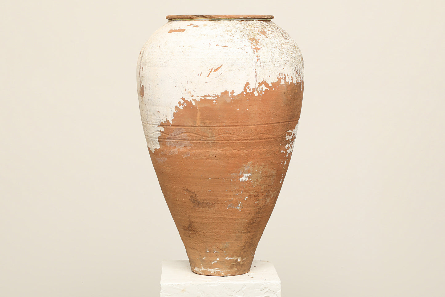A one-of-a-kind clay brown white Turkish vintage vase pot without handle, crafted from terra cotta clay, this piece showcases timeless quality and antique craftsmanship, adding a unique touch of history to your space