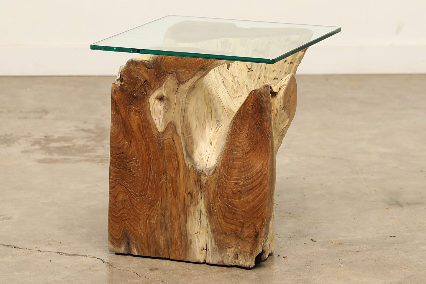 (SPP1474-G8) Teak Root Side Table - 16" Glass (14x14x18)