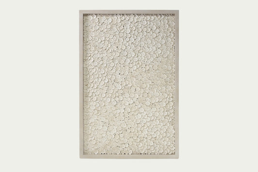 Amalia Coco wall art decor features coconut shell discs and beads- coastal style for the home