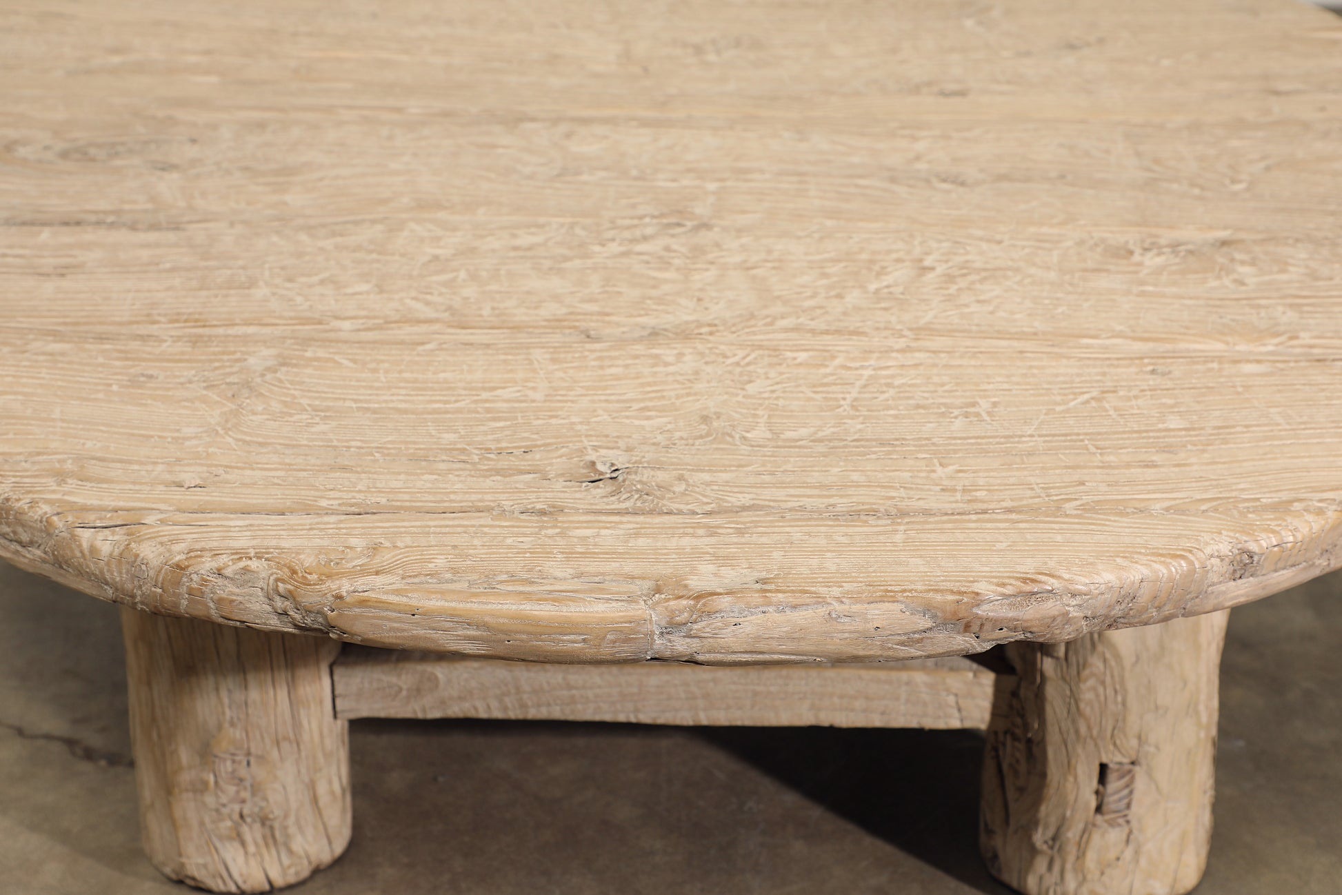 Four Legged Reclaimed Poplar Wood Wooden Round Coffee Table Featuring Its Rich Patina