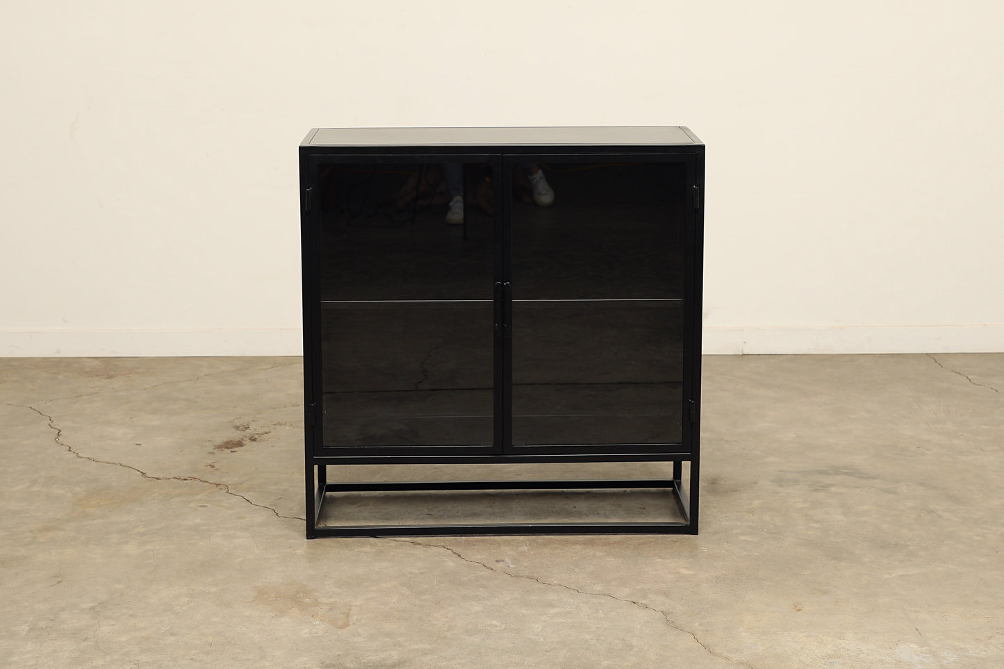 Hadley black storage cabinet for small spaces and apartments, iron and glass with two shelves