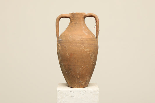 A one-of-a-kind rustic red Turkish vintage vase pot with two handles, crafted from terra cotta clay, this piece showcases timeless quality and antique craftsmanship, adding a unique touch of history to your space