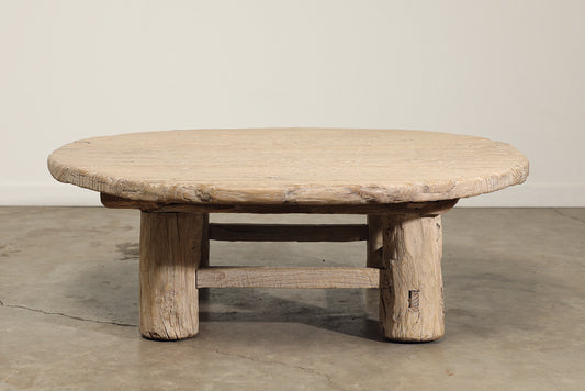 Reclaimed Poplar Wood Wooden Round Coffee Table with Four Legs