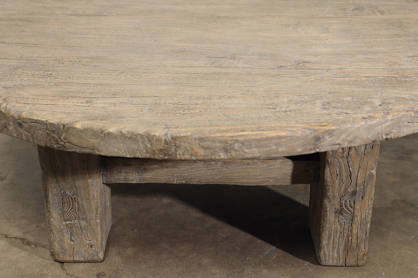 Reclaimed Poplar Wood Wooden Wound Coffee Table with Four Legs and 50" Diameter No. 8 Featuring Its Rich Patina