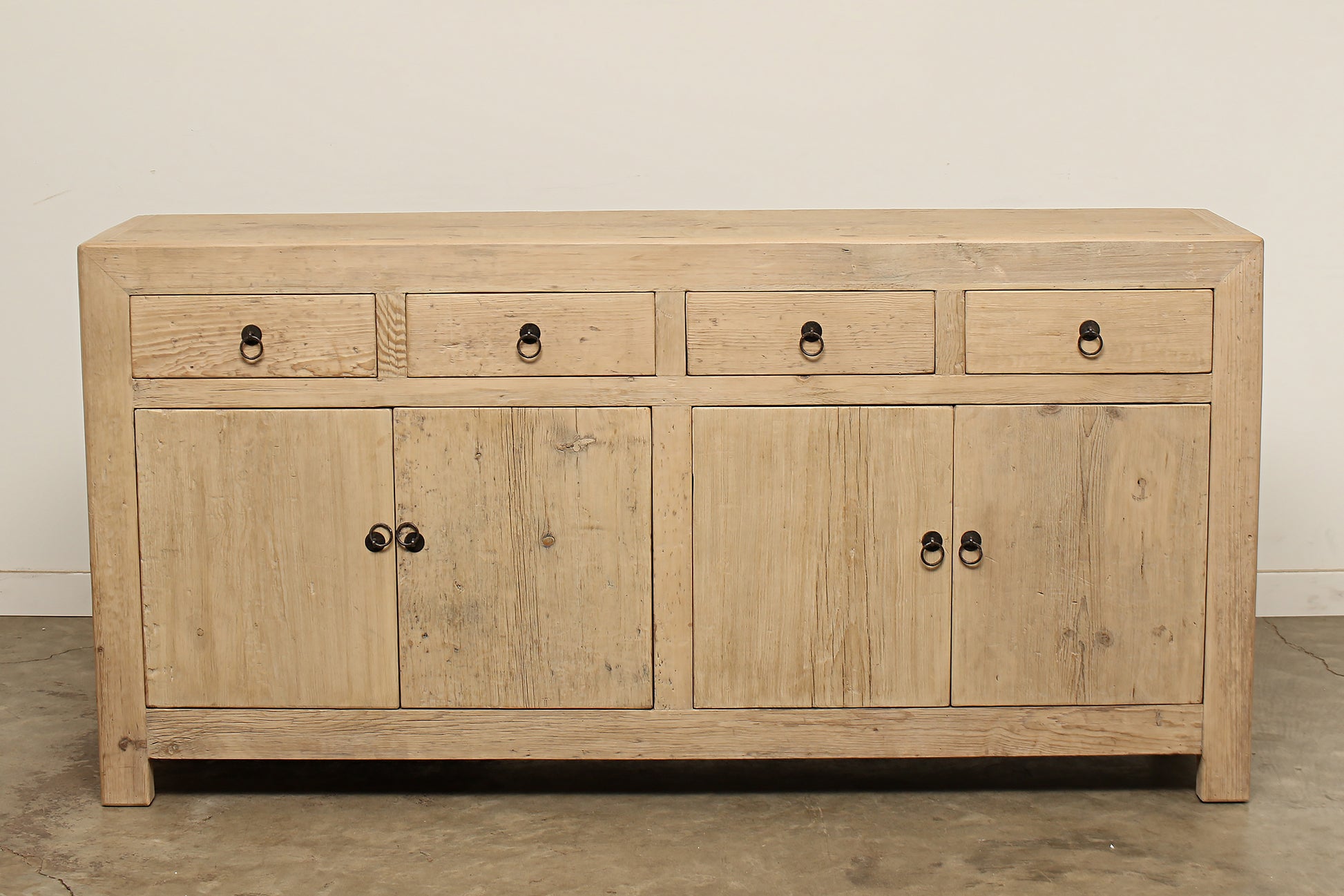 Hand-crafted modern rustic reclaimed solid elm wood Claire sideboard is a unique 72-inch long buffet storage cabinet with four drawers and two cabinets.