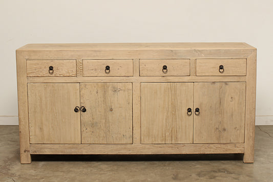 Hand-crafted modern rustic reclaimed solid elm wood Claire sideboard is a unique 72-inch long buffet storage cabinet with four drawers and two cabinets.