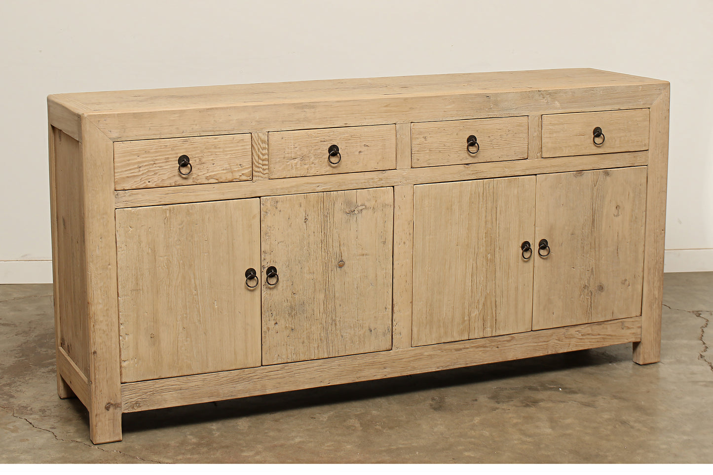 Hand-crafted modern rustic reclaimed solid elm light natural wood Claire sideboard is a unique 72-inch long buffet storage cabinet with four drawers and two cabinets.