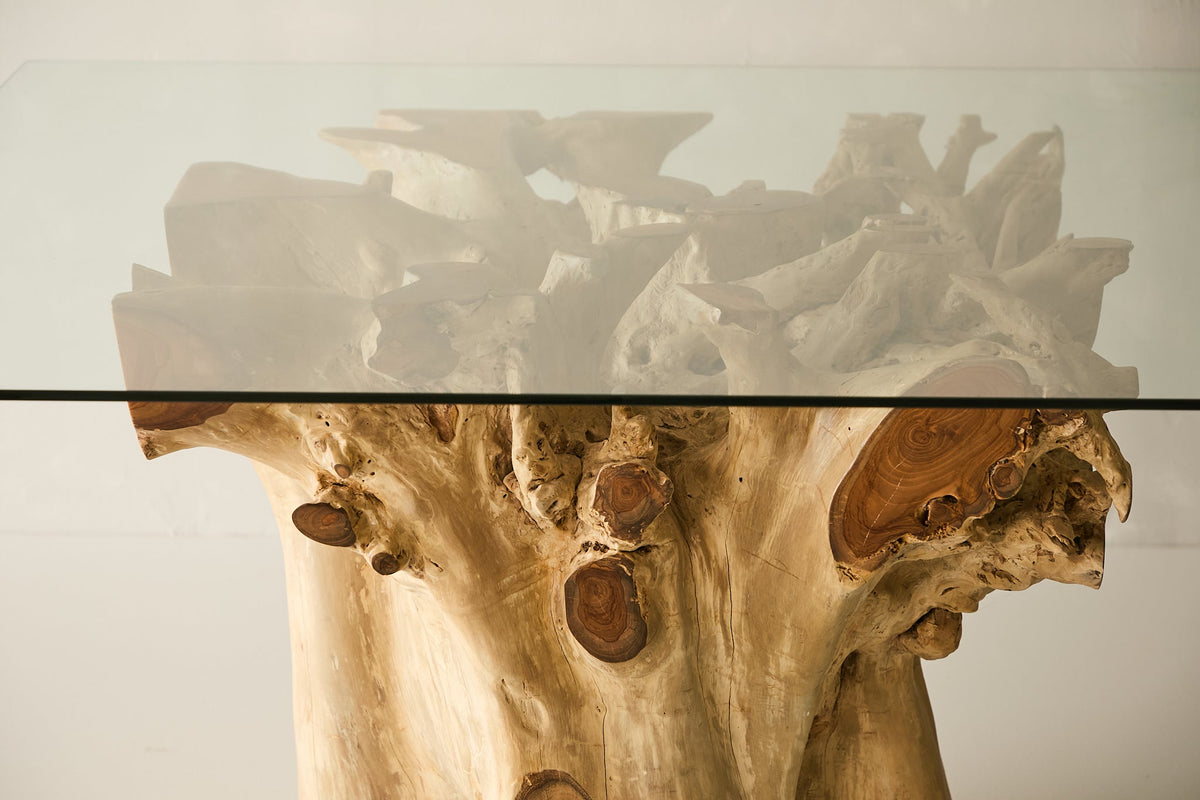 Teak Root Dining Table, 60" Square Glass Top