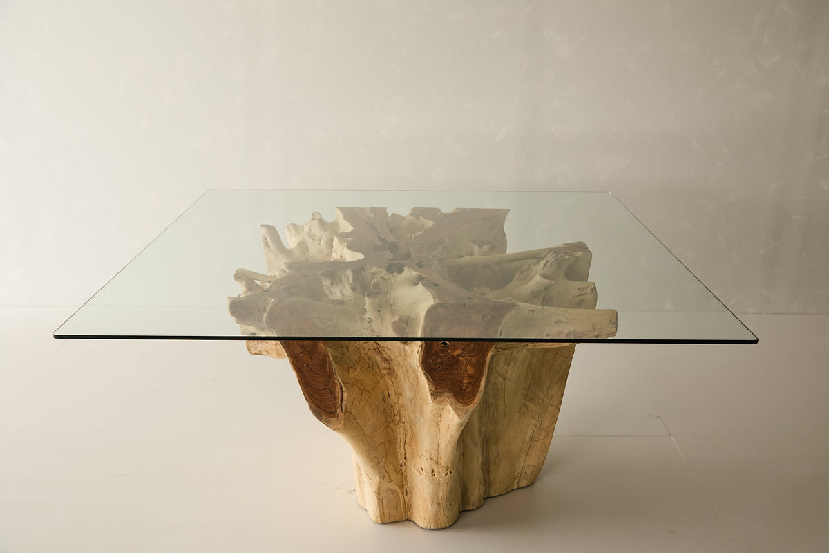 Teak Root Dining Table, 60" Square Glass Top