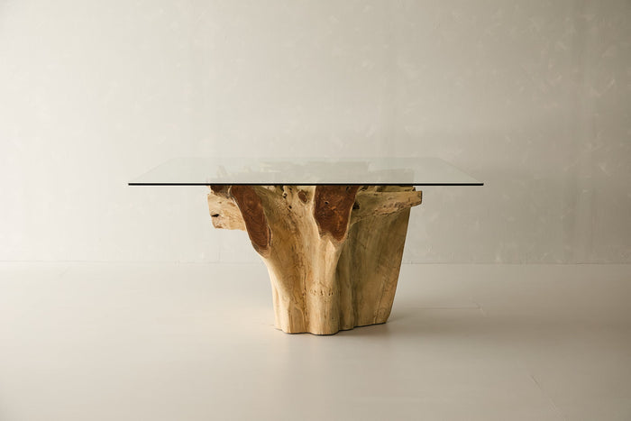 Teak Root Dining Table, 60" Square Glass Top