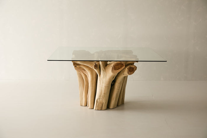 Teak Root Dining Table, 60" Square Glass Top