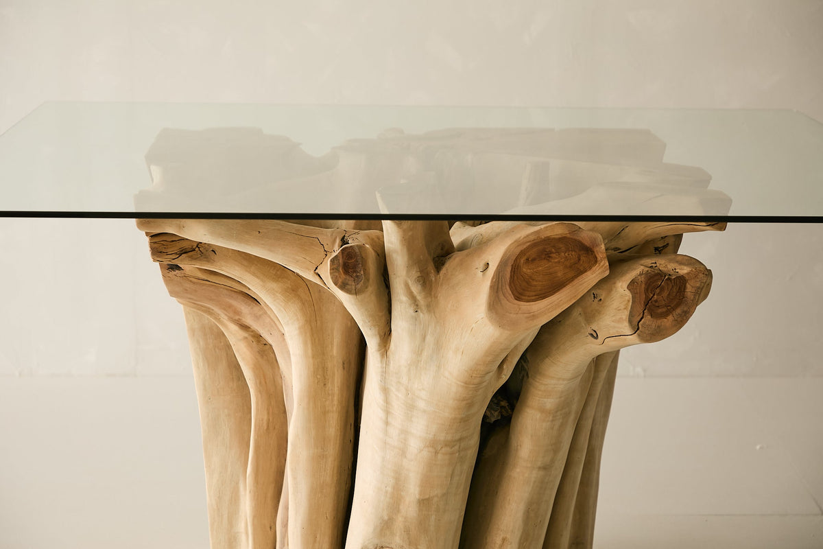 Teak Root Dining Table, 60" Square Glass Top