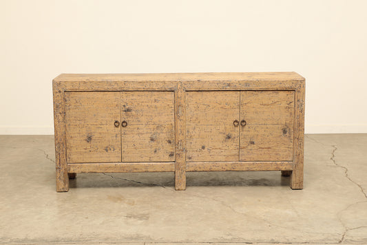 A one-of-a-kind, vintage rustic light brown sideboard 2 cabinets handcrafted of pine natural wood in a farmhouse style, 94 inches long is narrow at 20 inches.