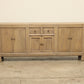 vintage antique solid wood side board, media cabinet or long console 2 drawers, 3 cabinets with legs