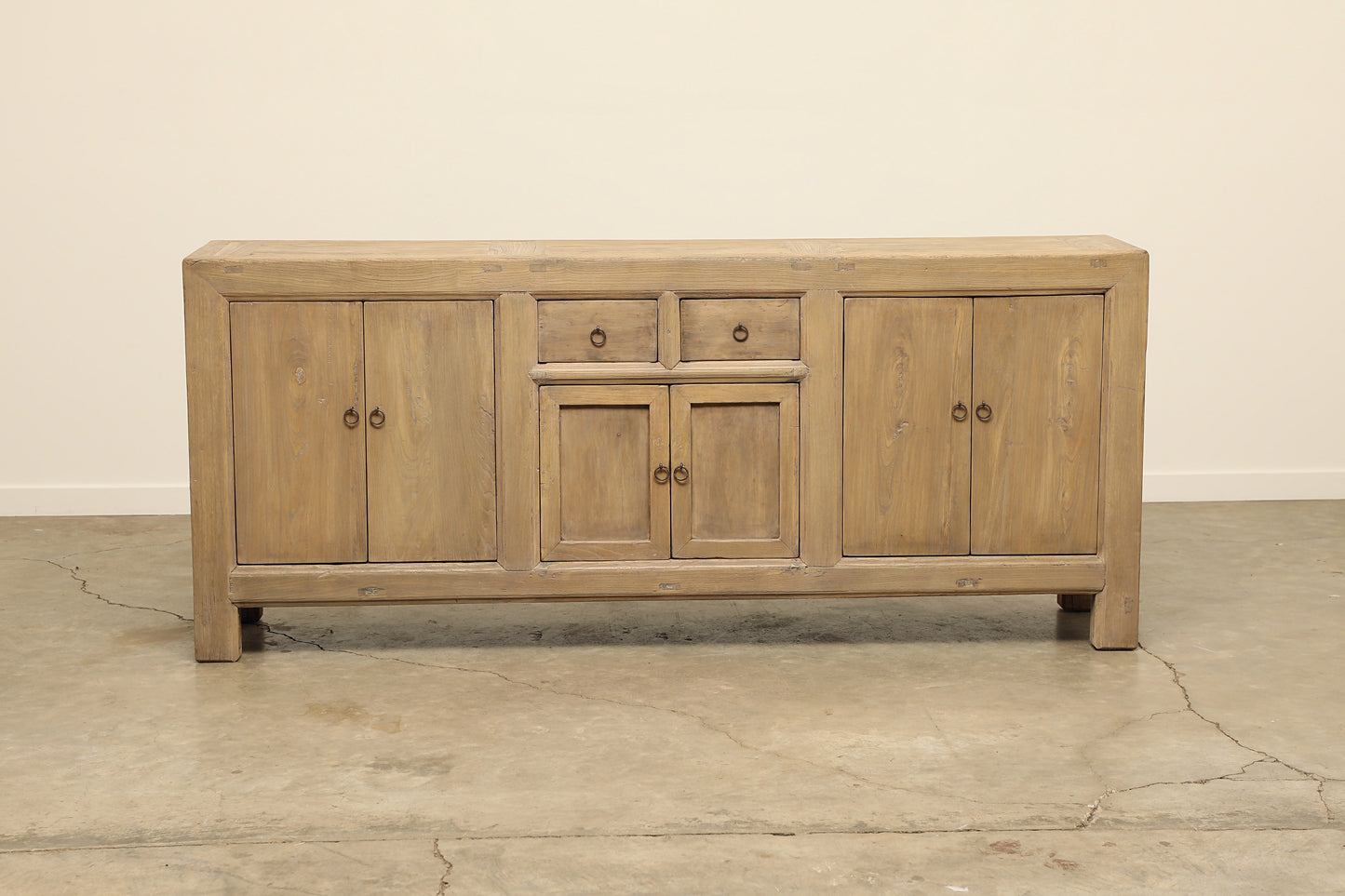vintage antique solid wood side board, media cabinet or long console 2 drawers, 3 cabinets with legs