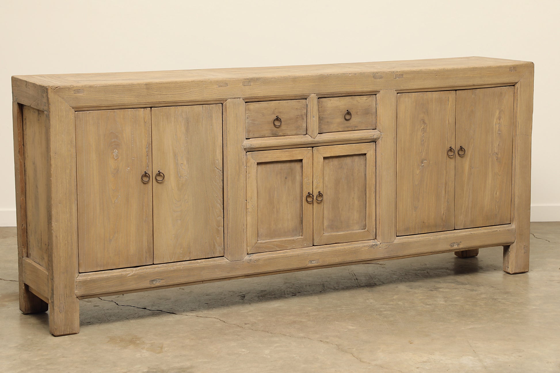 vintage antique solid wood side board, media cabinet or long console 2 drawers, 3 cabinets with legs