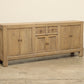vintage antique solid wood side board, media cabinet or long console 2 drawers, 3 cabinets with legs