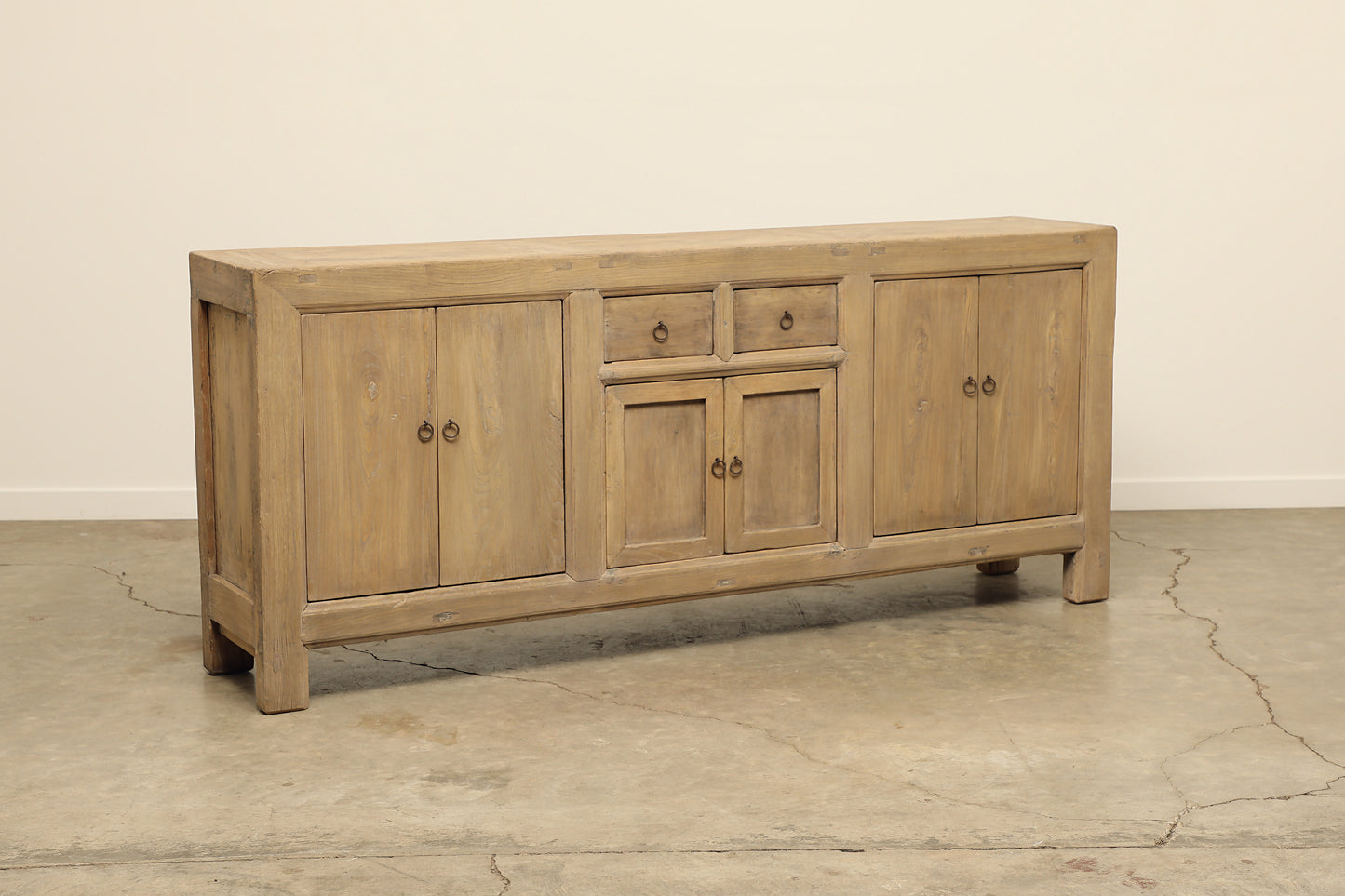vintage antique solid wood side board, media cabinet or long console 2 drawers, 3 cabinets with legs