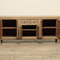 vintage antique solid wood side board, media cabinet or long console 2 drawers, 3 cabinets with legs