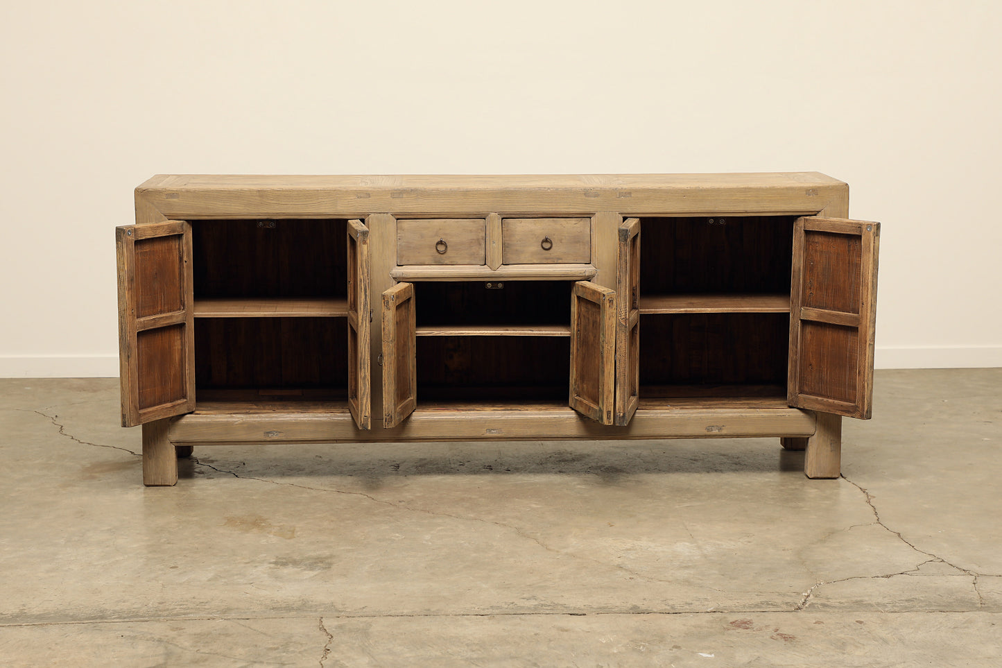 vintage antique solid wood side board, media cabinet or long console 2 drawers, 3 cabinets with legs