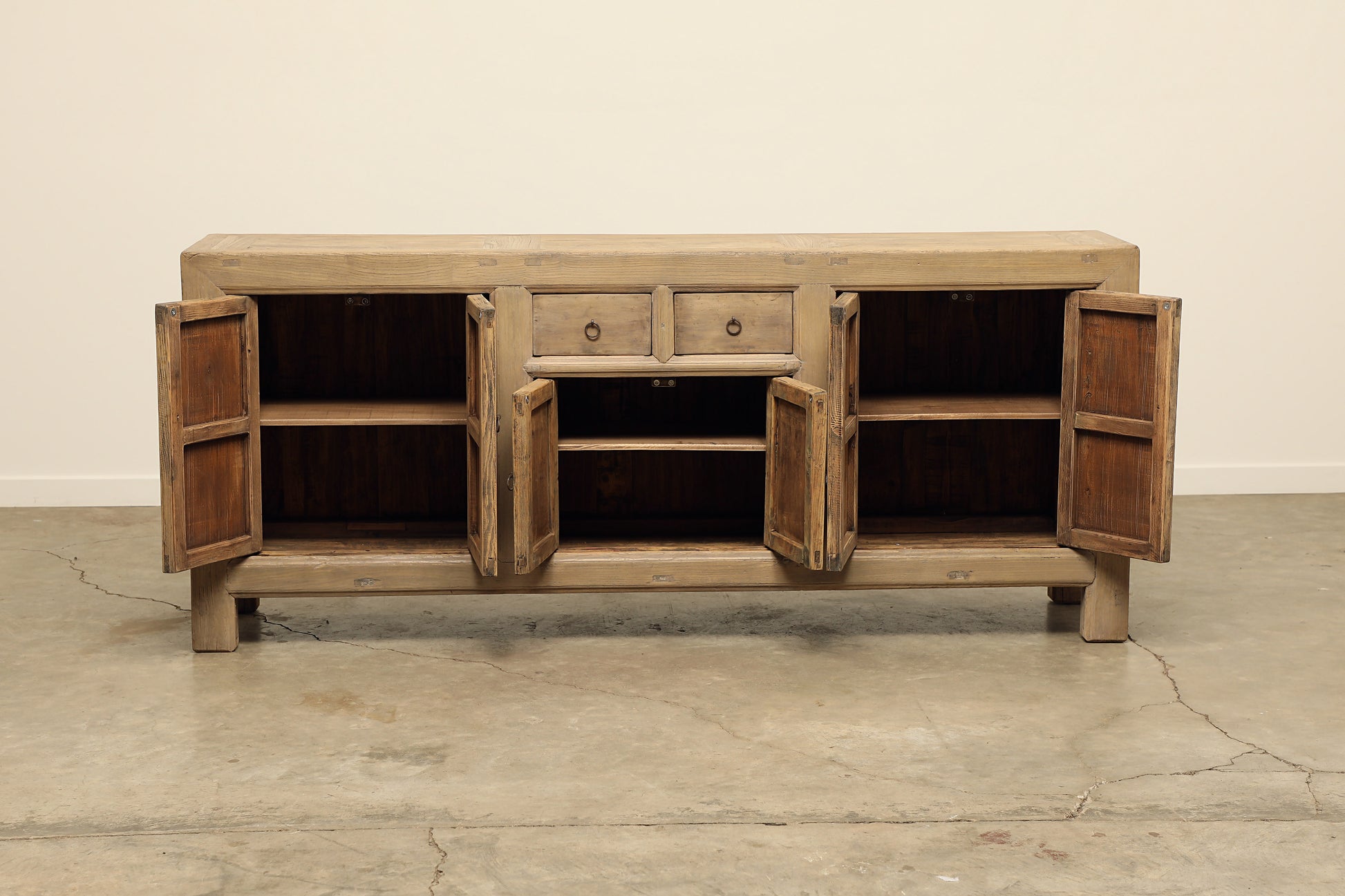 vintage antique solid wood side board, media cabinet or long console 2 drawers, 3 cabinets with legs