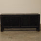 A one-of-a-kind, vintage rustic dark brown sideboard 2 cabinets handcrafted of popular natural wood in a farmhouse style, 76 inches long is narrow at 18 inches.