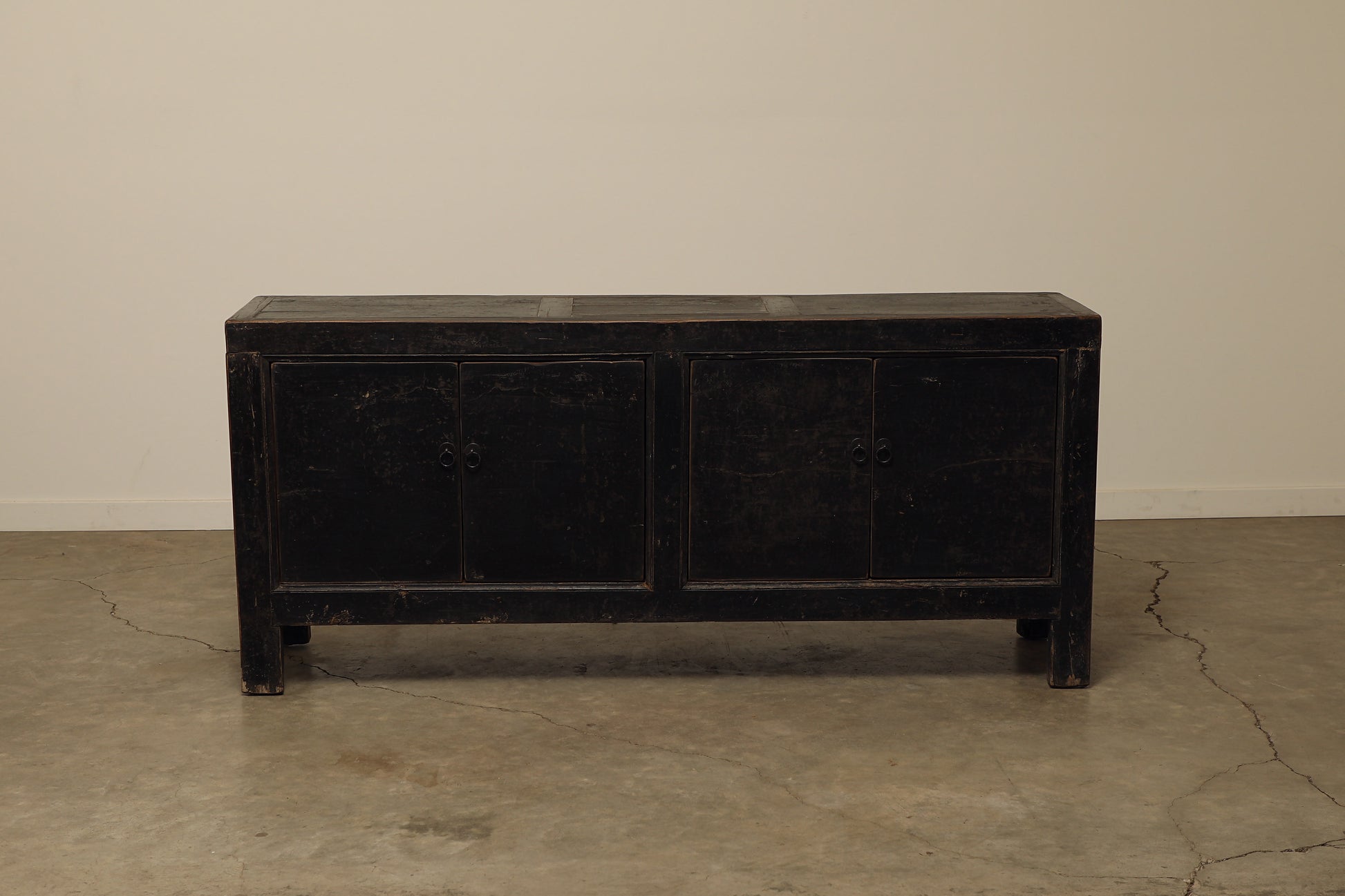 A one-of-a-kind, vintage rustic dark brown sideboard 2 cabinets handcrafted of popular natural wood in a farmhouse style, 76 inches long is narrow at 18 inches.