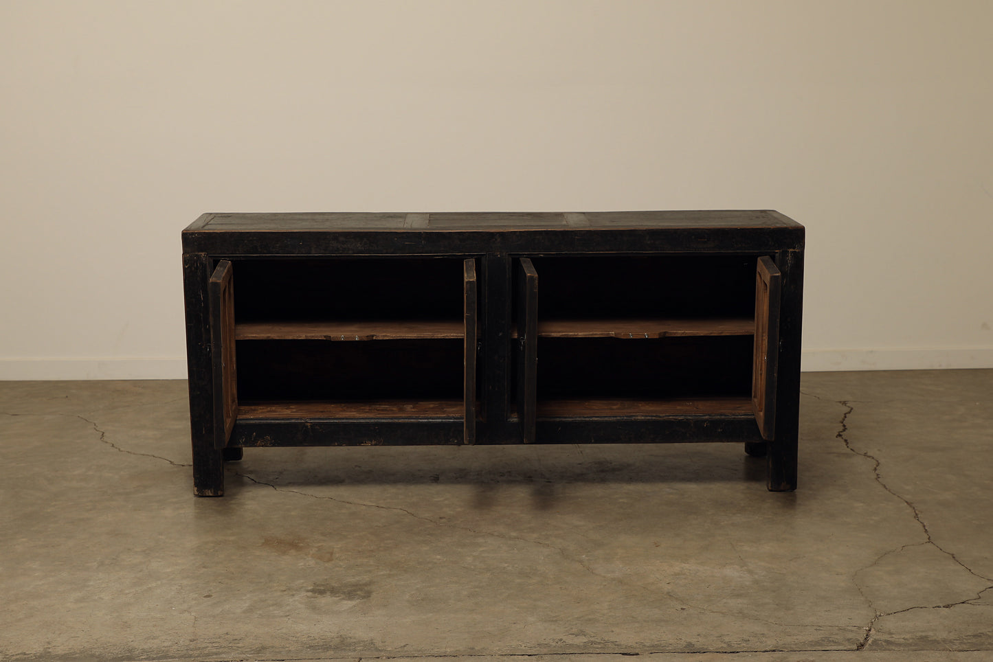 A one-of-a-kind, vintage rustic dark brown sideboard 2 cabinets handcrafted of popular natural wood in a farmhouse style, 76 inches long is narrow at 18 inches.