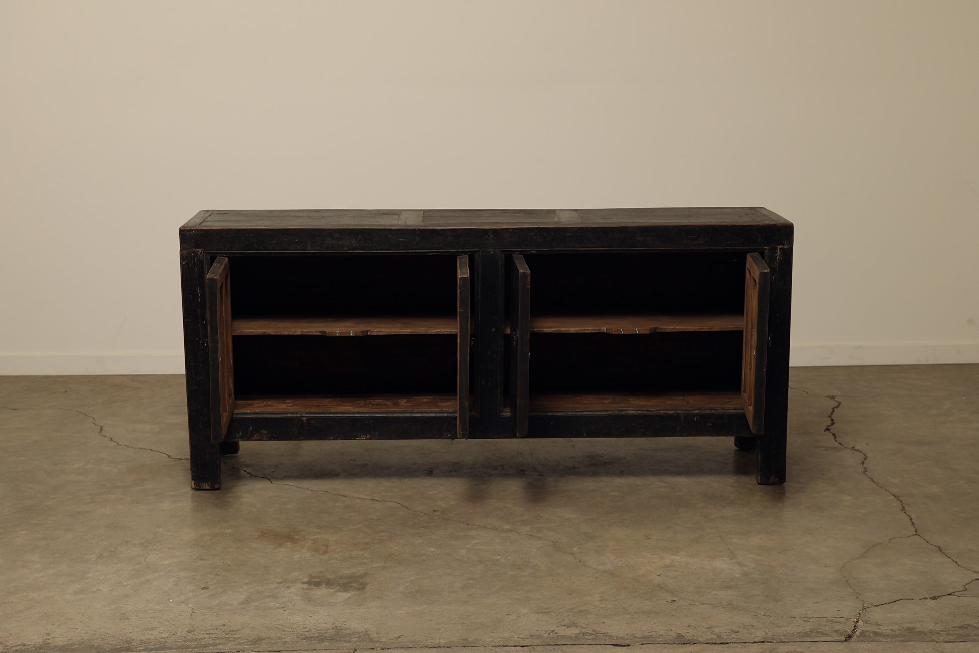 A one-of-a-kind, vintage rustic dark brown sideboard 2 cabinets handcrafted of popular natural wood in a farmhouse style, 76 inches long is narrow at 18 inches.