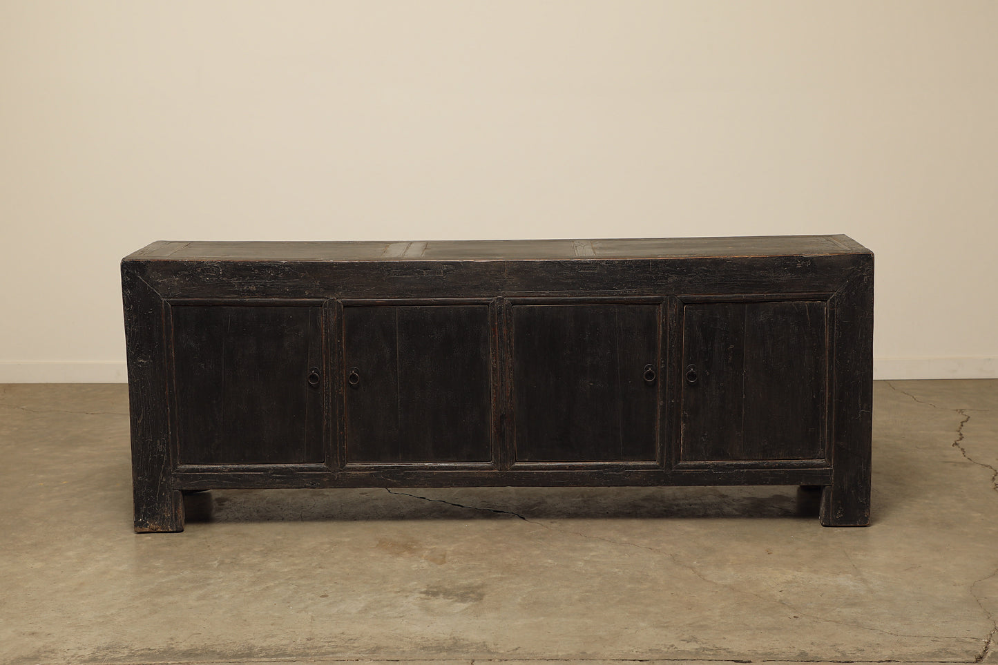 A one-of-a-kind, vintage rustic dark brown sideboard 2 cabinets handcrafted of elm natural wood in a farmhouse style, 87 inches long is narrow at 18 inches.