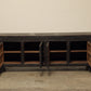 A one-of-a-kind, vintage rustic dark brown sideboard 2 cabinets handcrafted of elm natural wood in a farmhouse style, 87 inches long is narrow at 18 inches.