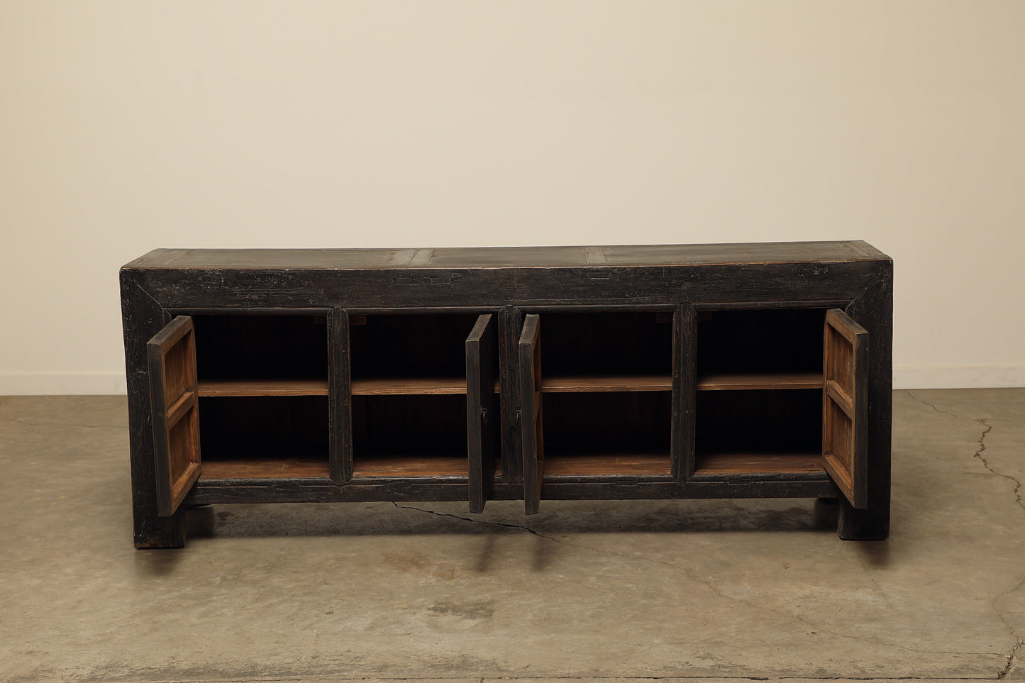 A one-of-a-kind, vintage rustic dark brown sideboard 2 cabinets handcrafted of elm natural wood in a farmhouse style, 87 inches long is narrow at 18 inches.