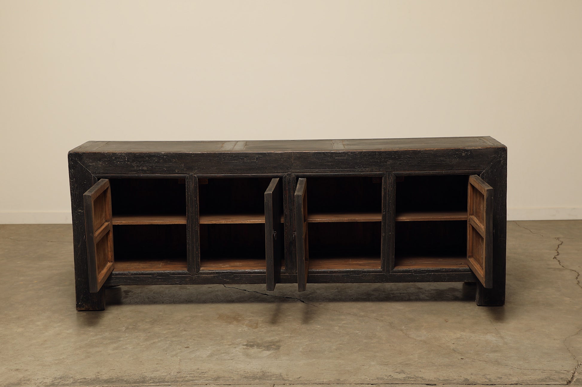 A one-of-a-kind, vintage rustic dark brown sideboard 2 cabinets handcrafted of elm natural wood in a farmhouse style, 87 inches long is narrow at 18 inches.