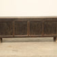 A one-of-a-kind, vintage rustic dark brown sideboard 2 cabinets handcrafted of elm natural wood in a farmhouse style, 88 inches long is narrow at 18 inches.