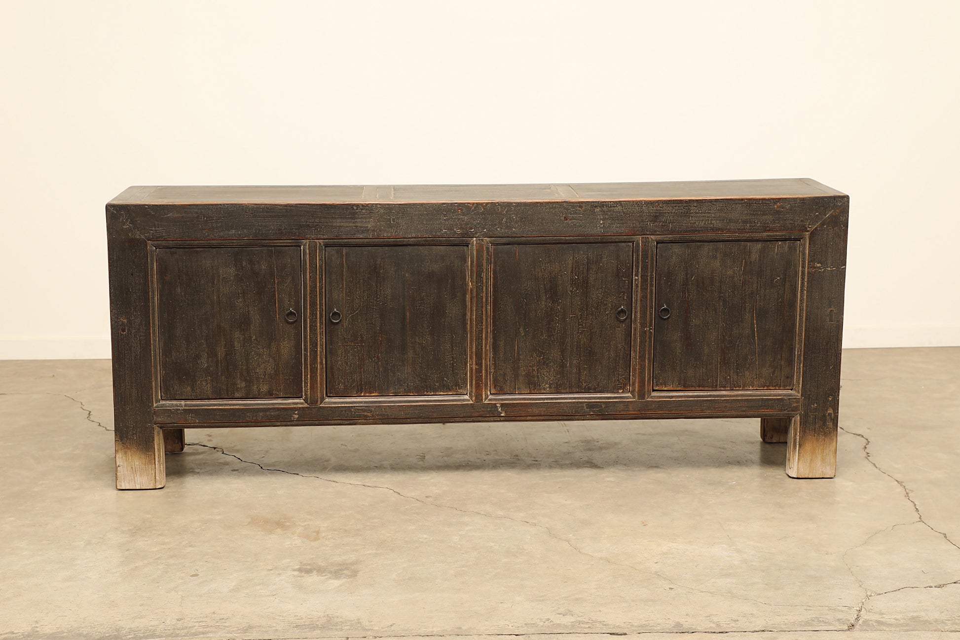 A one-of-a-kind, vintage rustic dark brown sideboard 2 cabinets handcrafted of elm natural wood in a farmhouse style, 88 inches long is narrow at 18 inches.