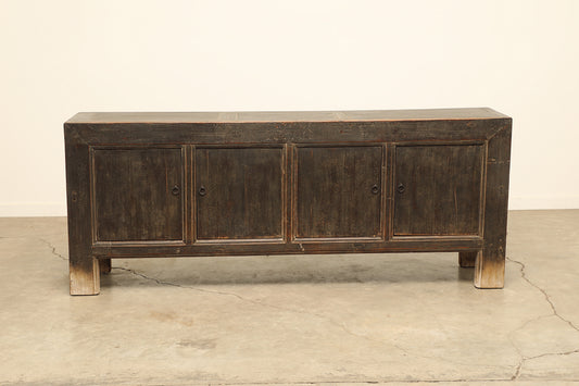 A one-of-a-kind, vintage rustic dark brown sideboard 2 cabinets handcrafted of elm natural wood in a farmhouse style, 88 inches long is narrow at 18 inches.