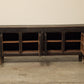 A one-of-a-kind, vintage rustic dark brown sideboard 2 cabinets handcrafted of elm natural wood in a farmhouse style, 88 inches long is narrow at 18 inches.
