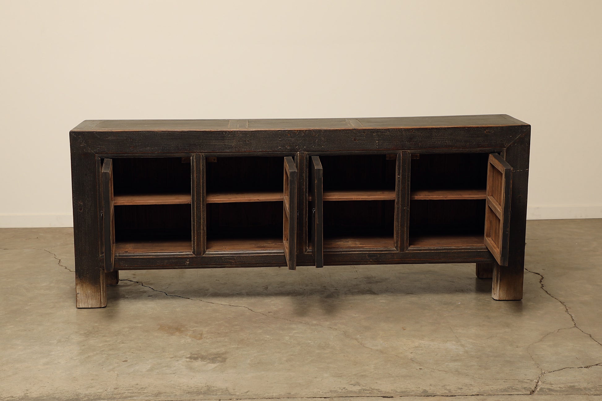 A one-of-a-kind, vintage rustic dark brown sideboard 2 cabinets handcrafted of elm natural wood in a farmhouse style, 88 inches long is narrow at 18 inches.