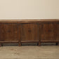 A one-of-a-kind, vintage rustic dark brown sideboard 3 cabinets handcrafted of elm natural wood in a farmhouse style, 85 inches long is narrow at 17 inches.