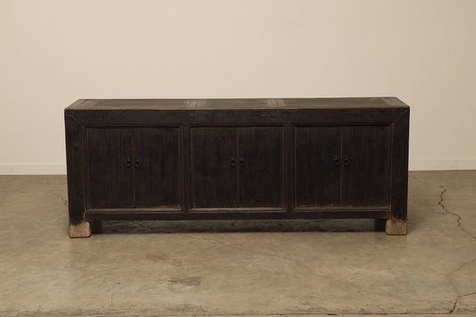 A one-of-a-kind, vintage rustic dark brown sideboard 3 cabinets handcrafted of elm natural wood in a farmhouse style, 82 inches long is narrow at 18 inches.