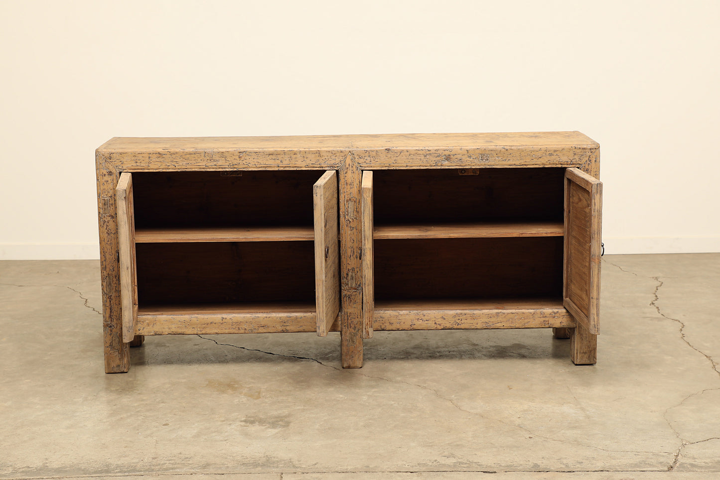 A one-of-a-kind, vintage rustic light brown sideboard 2 cabinets handcrafted of pine natural wood in a farmhouse style, 94 inches long is narrow at 20 inches.