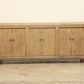 A one-of-a-kind, vintage rustic light brown sideboard 3 cabinets handcrafted of elm natural wood in a farmhouse style, 84 inches long is narrow at 17 inches.