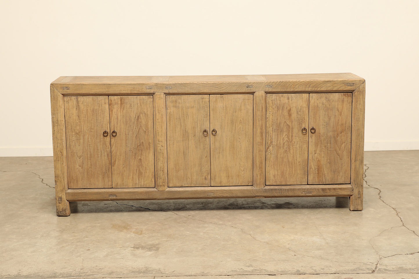 A one-of-a-kind, vintage rustic light brown sideboard 3 cabinets handcrafted of elm natural wood in a farmhouse style, 84 inches long is narrow at 17 inches.