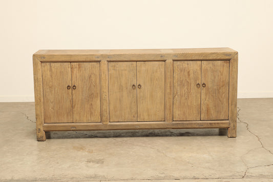 A one-of-a-kind, vintage rustic light brown sideboard 3 cabinets handcrafted of elm natural wood in a farmhouse style, 84 inches long is narrow at 17 inches.