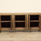 A one-of-a-kind, vintage rustic light brown sideboard 3 cabinets handcrafted of elm natural wood in a farmhouse style, 84 inches long is narrow at 17 inches.