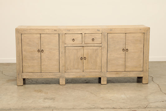 A one-of-a-kind, vintage rustic natural sideboard 3 cabinets with 2 drawers handcrafted of popular natural wood in a farmhouse style, 83 inches long is narrow at 18 inches.