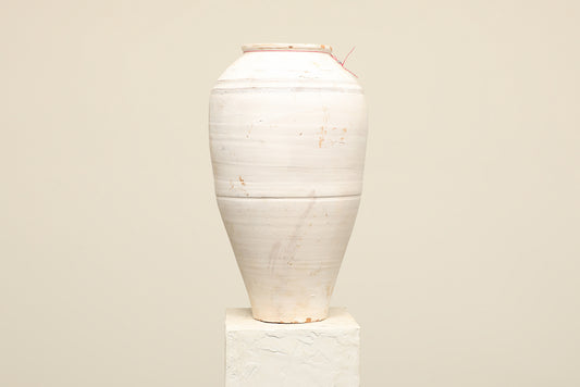A one-of-a-kind white Turkish vintage vase pot without a handle, crafted from terra cotta clay, this piece showcases timeless quality and antique craftsmanship, adding a unique touch of history to your space