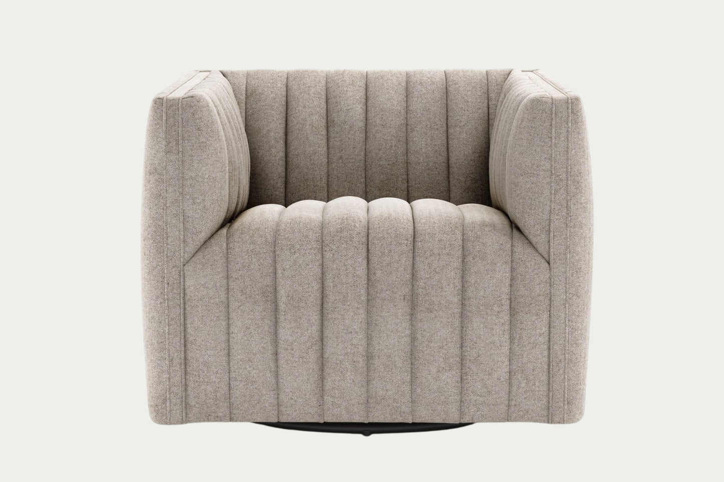 Orly natural tone beige grey square boxy 360 degree swivel channel occasional chair