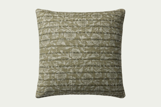 This elegant throw pillow features an earthy green and grey floral pattern with a soft quilted texture. Made of cotton, it measures 18” square for easy styling.