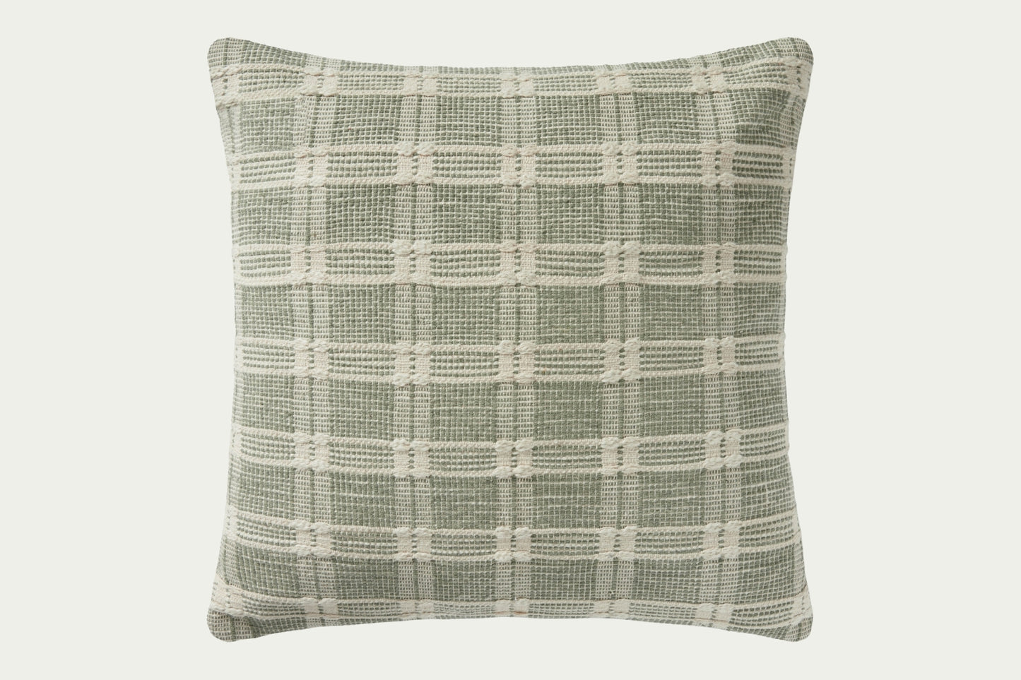 Add a subtle touch of sage green and visual texture with the handwoven Madera modern throw pillow, a 22-inch square accent pillow with cotton cover and feather down pillow insert.